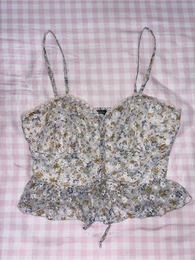 wild fable Cream Floral Lace-Trim Peplum Cami with Blue Accents